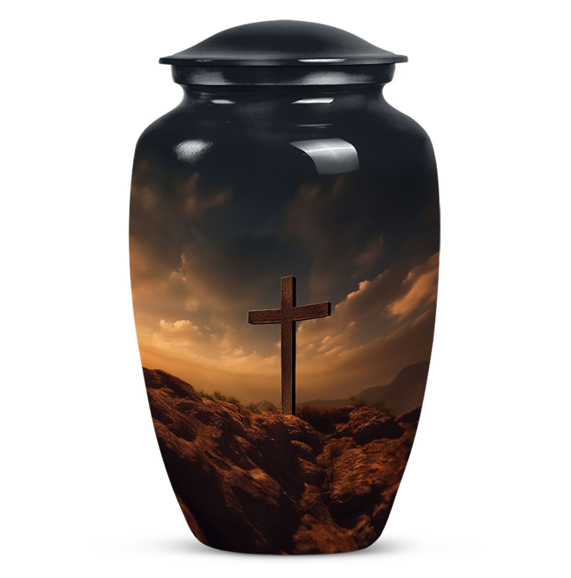 Large cross urn for adult female human ashes, suitable as burial and cremation container.