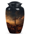 Large cross urn for adult female human ashes, suitable as burial and cremation container.