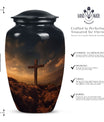 Large cross urn for adult female human ashes, suitable as burial and cremation container.