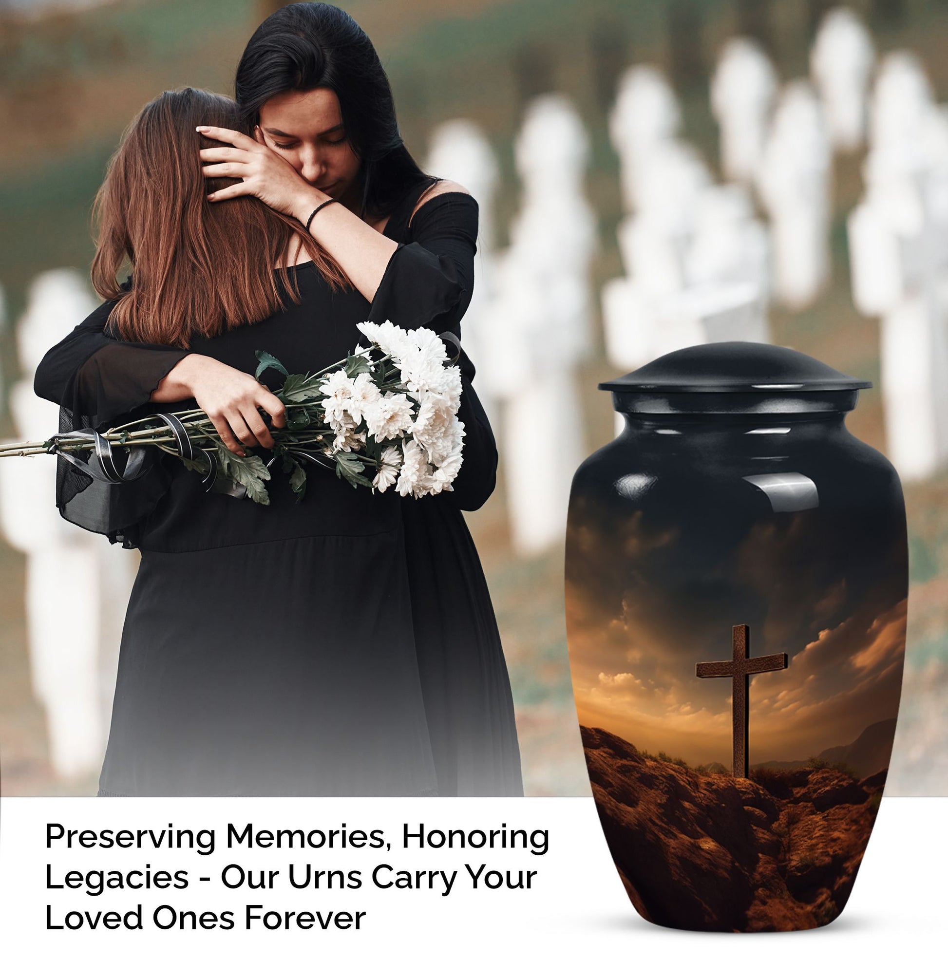 Large cross urn for adult female human ashes, suitable as burial and cremation container.