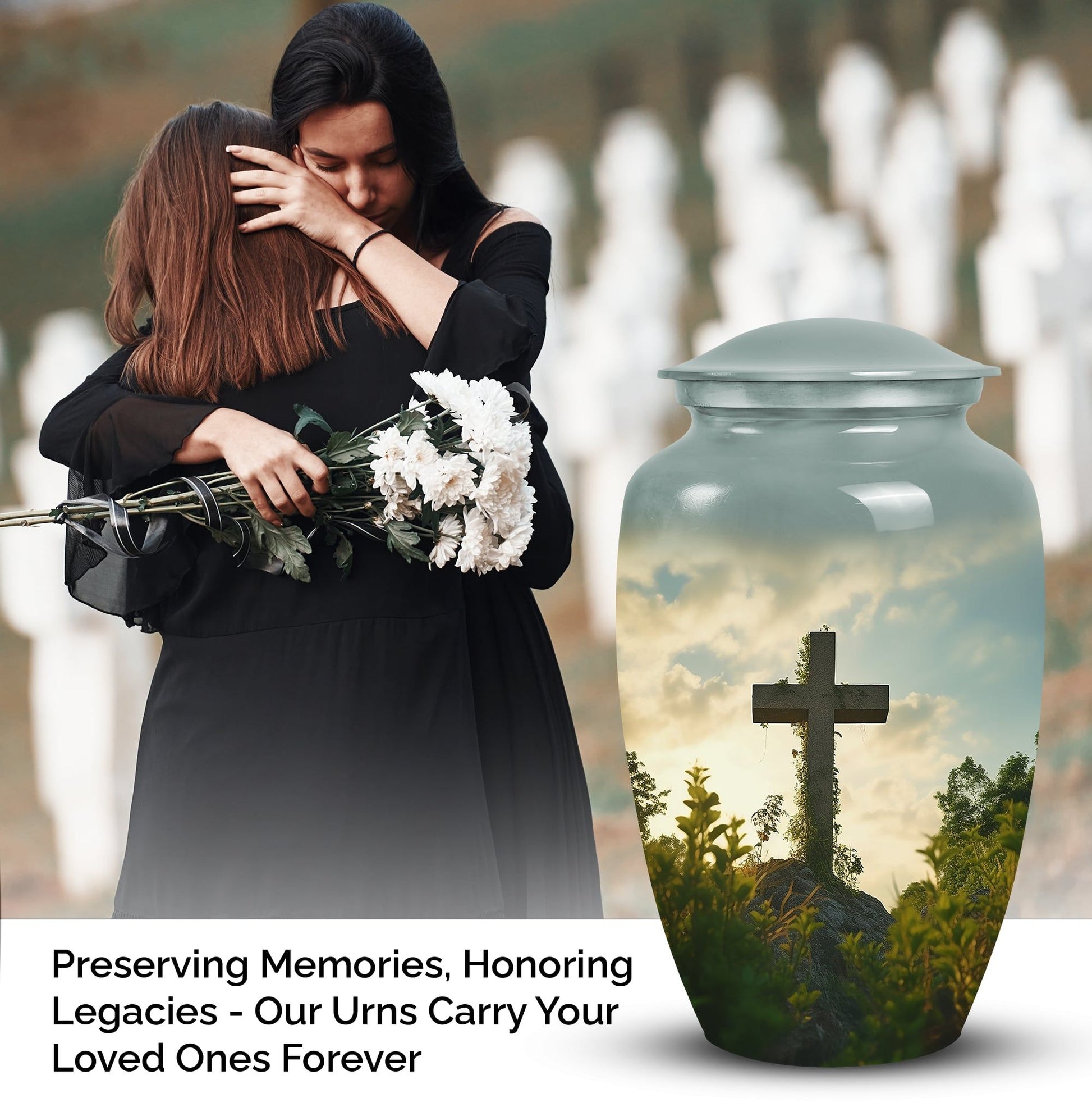 Large cross urn for adult female human ashes, cremation container