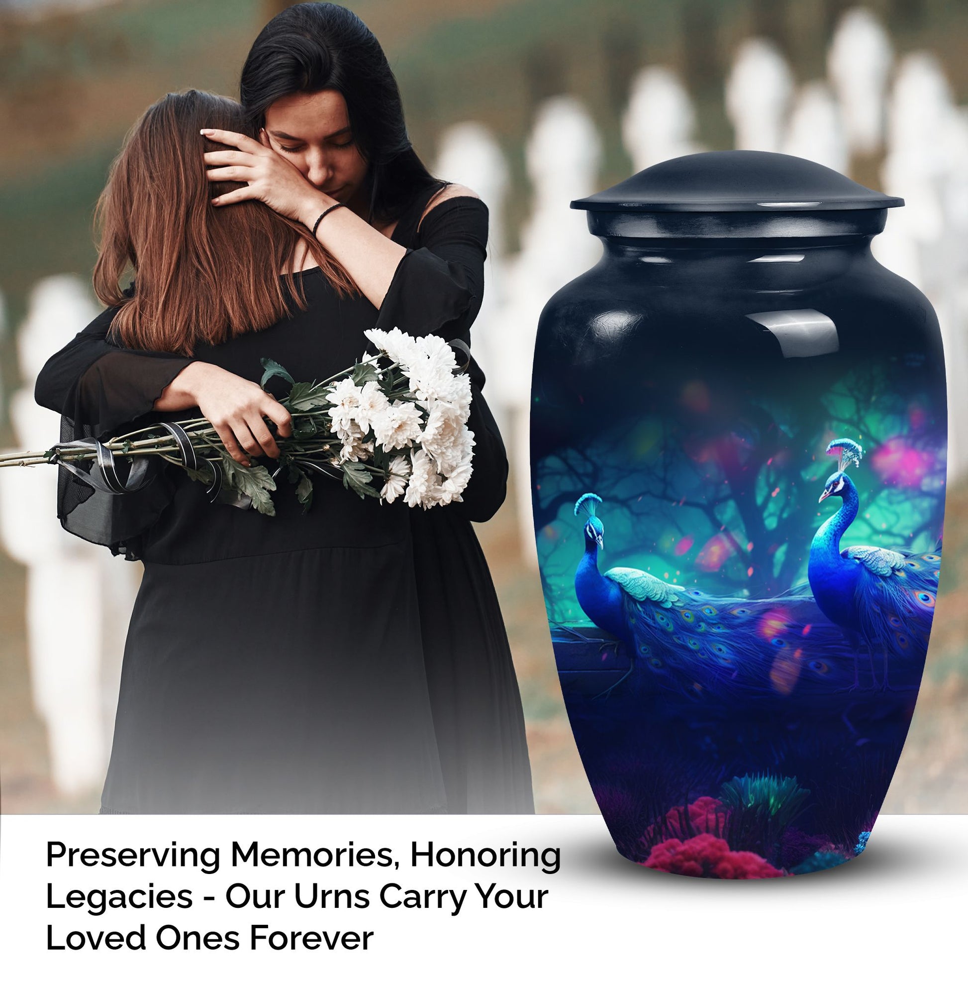 Peacock design adult cremation urn for human ashes