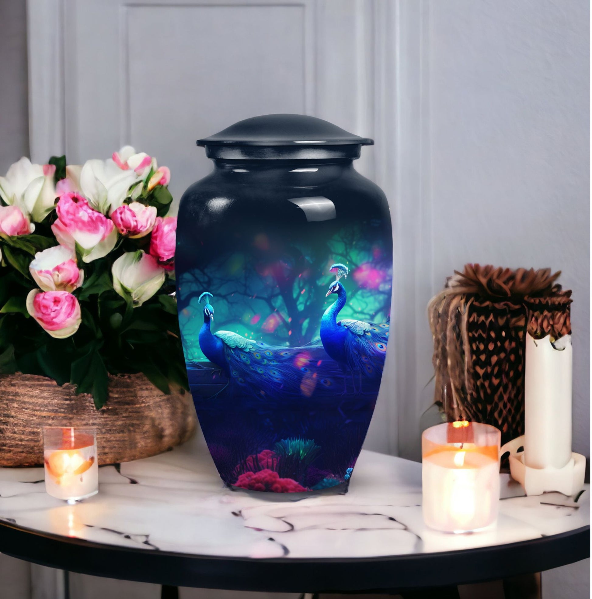 Peacock design adult cremation urn for human ashes