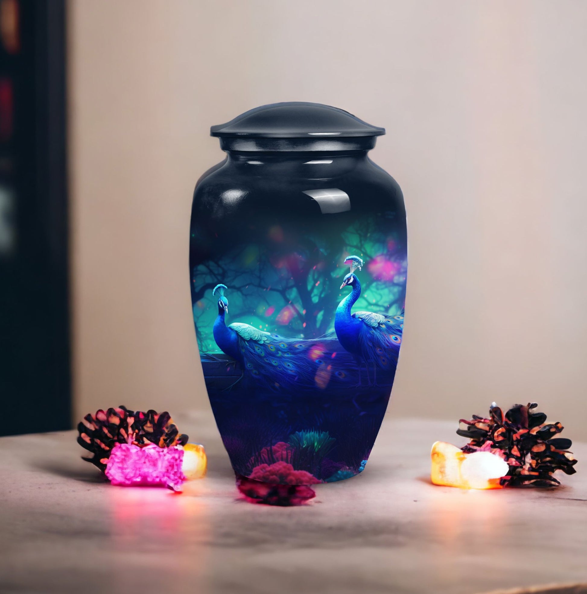 Peacock design adult cremation urn for human ashes