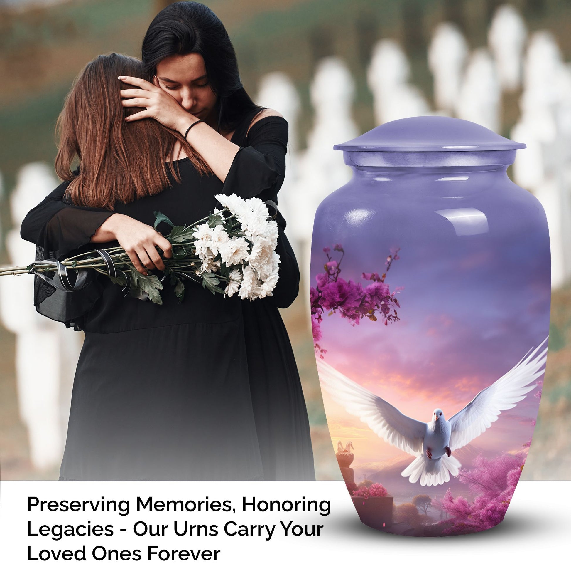 Dove-themed cremation urn in medium size, suitable for storing adult men's ashes, perfect for honoring a beloved dad.