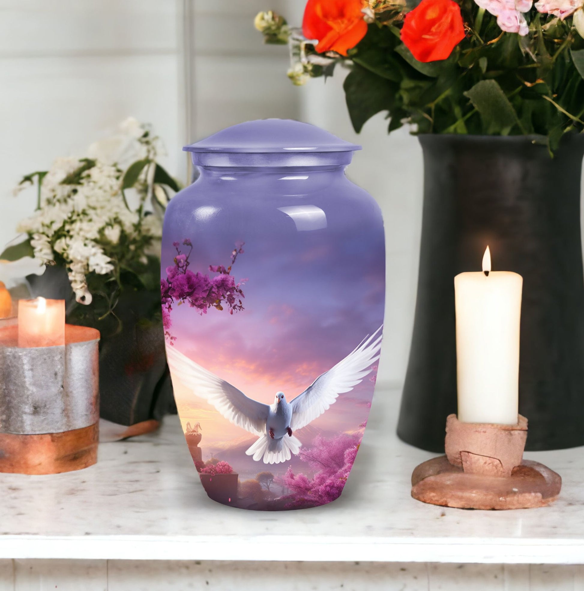 Dove-themed cremation urn in medium size, suitable for storing adult men's ashes, perfect for honoring a beloved dad.