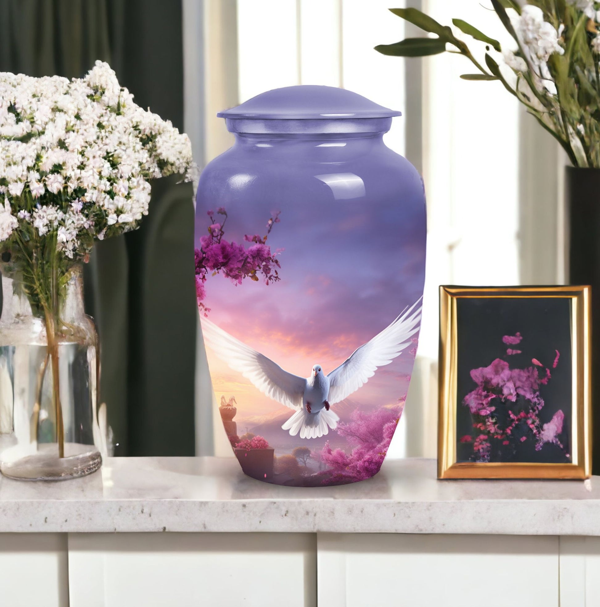 Dove-themed cremation urn in medium size, suitable for storing adult men's ashes, perfect for honoring a beloved dad.