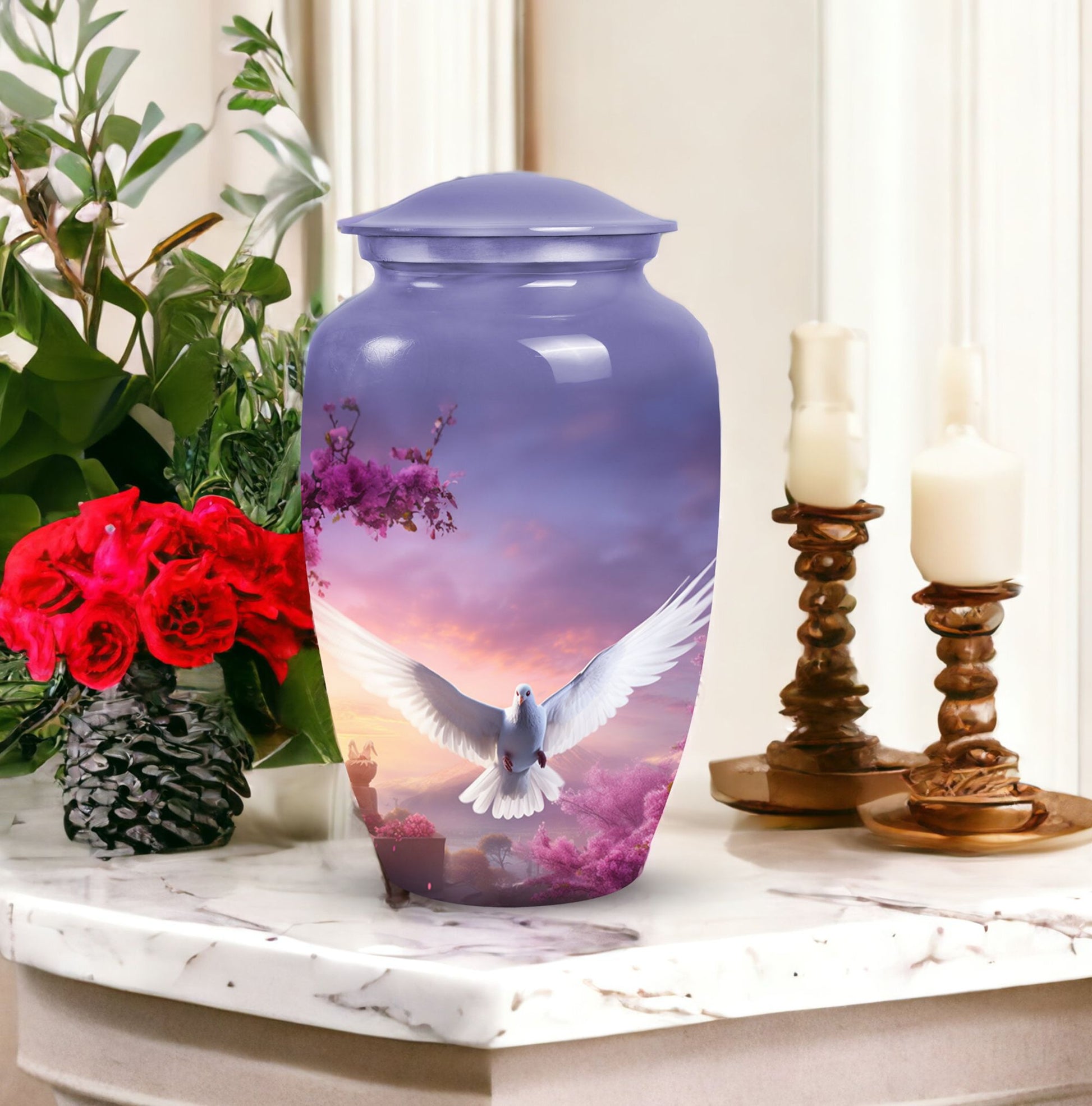 Dove-themed cremation urn in medium size, suitable for storing adult men's ashes, perfect for honoring a beloved dad.