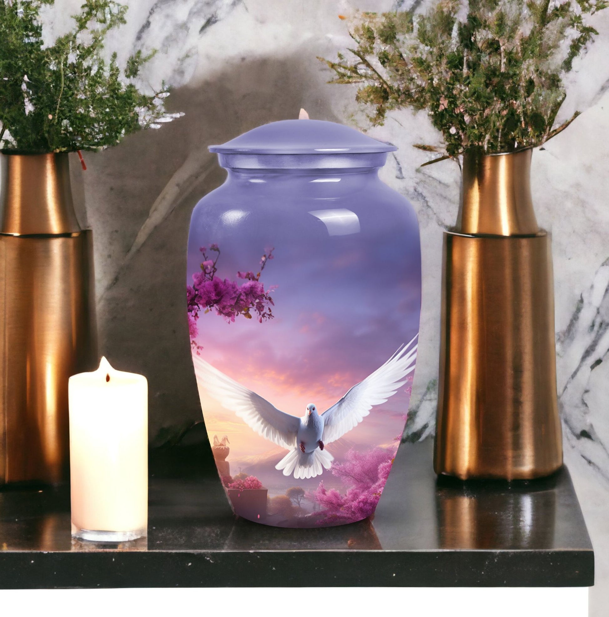 Dove-themed cremation urn in medium size, suitable for storing adult men's ashes, perfect for honoring a beloved dad.