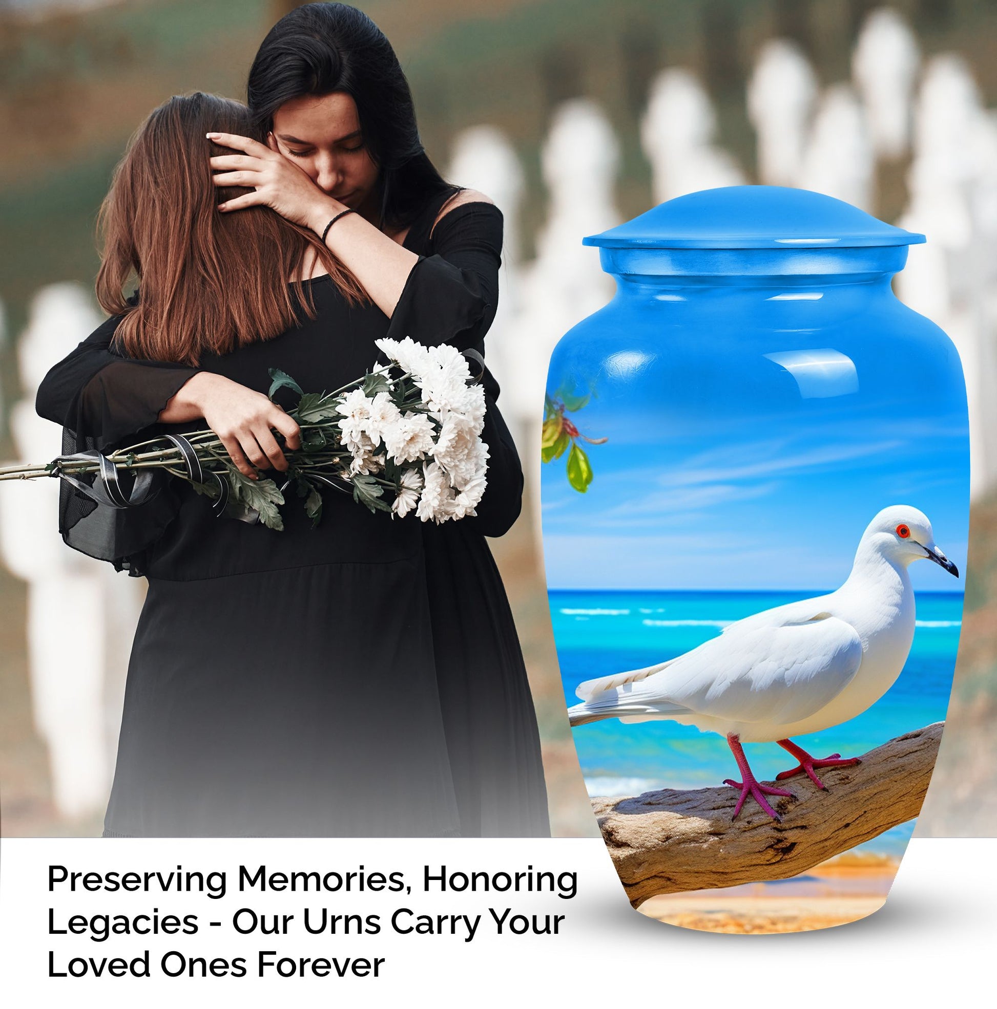 Dove urn for human ashes, medium size for adult male or female, plain design