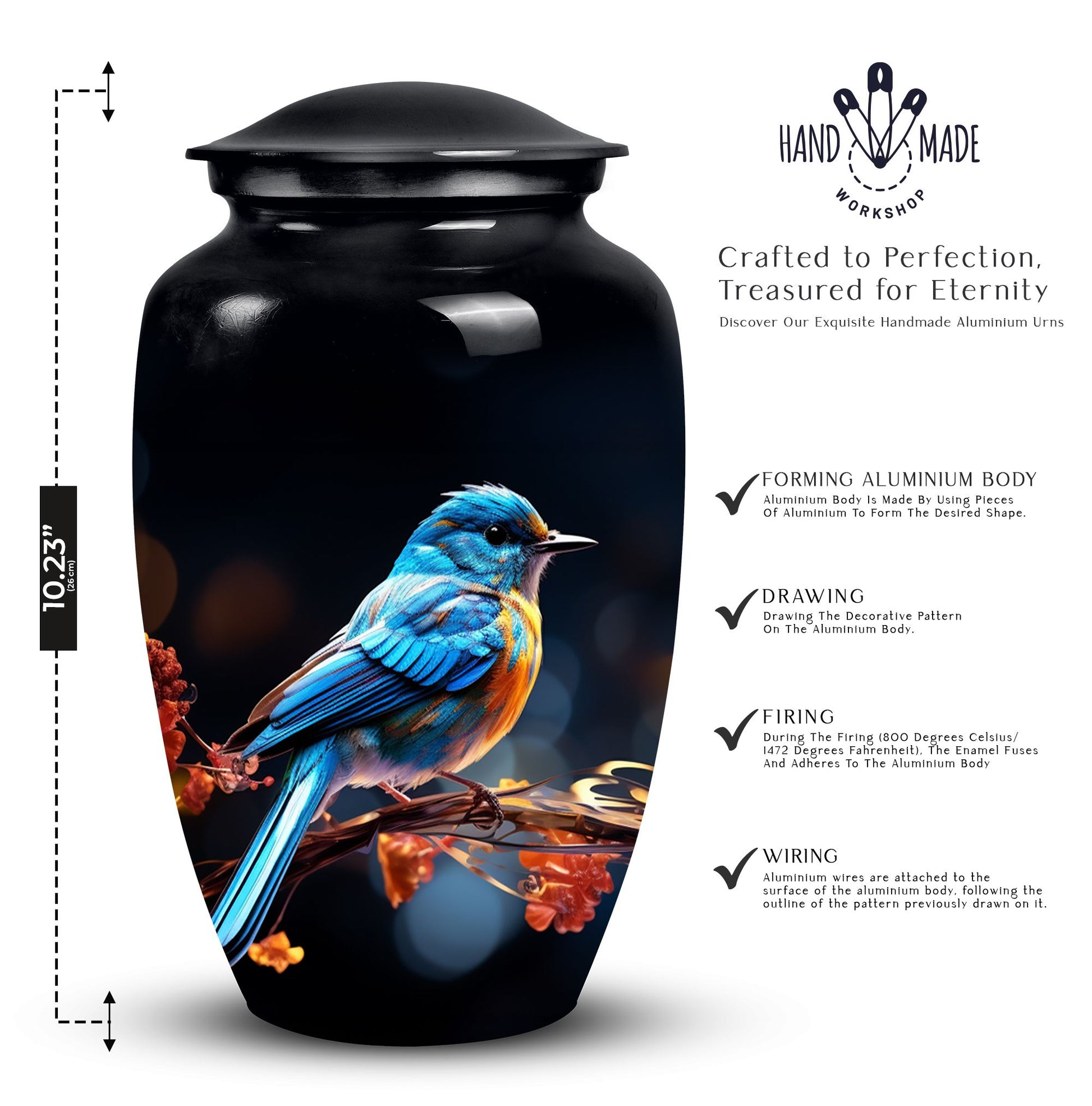 Unique Sparrow metal cremation urn, medium-sized, suitable for burial in ground and is portable for human ashes