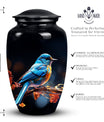 Unique Sparrow metal cremation urn, medium-sized, suitable for burial in ground and is portable for human ashes