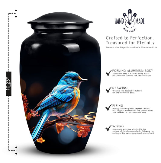 Unique Sparrow metal cremation urn, medium-sized, suitable for burial in ground and is portable for human ashes