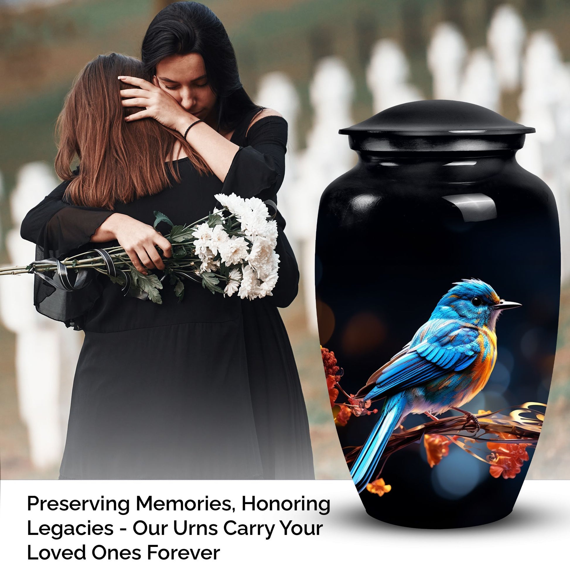 Unique Sparrow metal cremation urn, medium-sized, suitable for burial in ground and is portable for human ashes