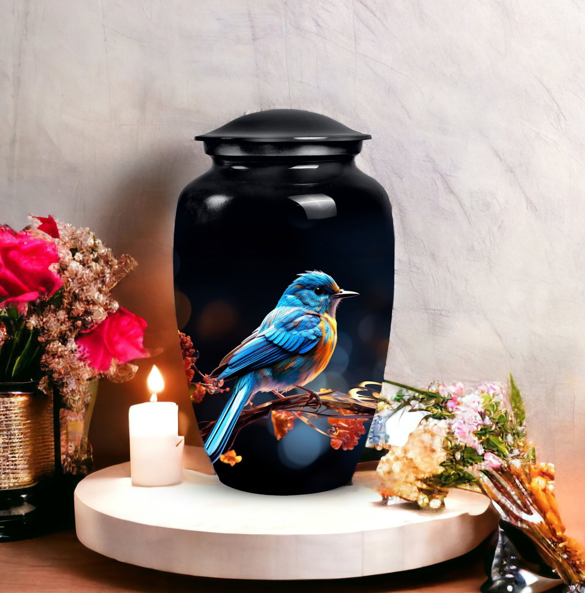 Unique Sparrow metal cremation urn, medium-sized, suitable for burial in ground and is portable for human ashes