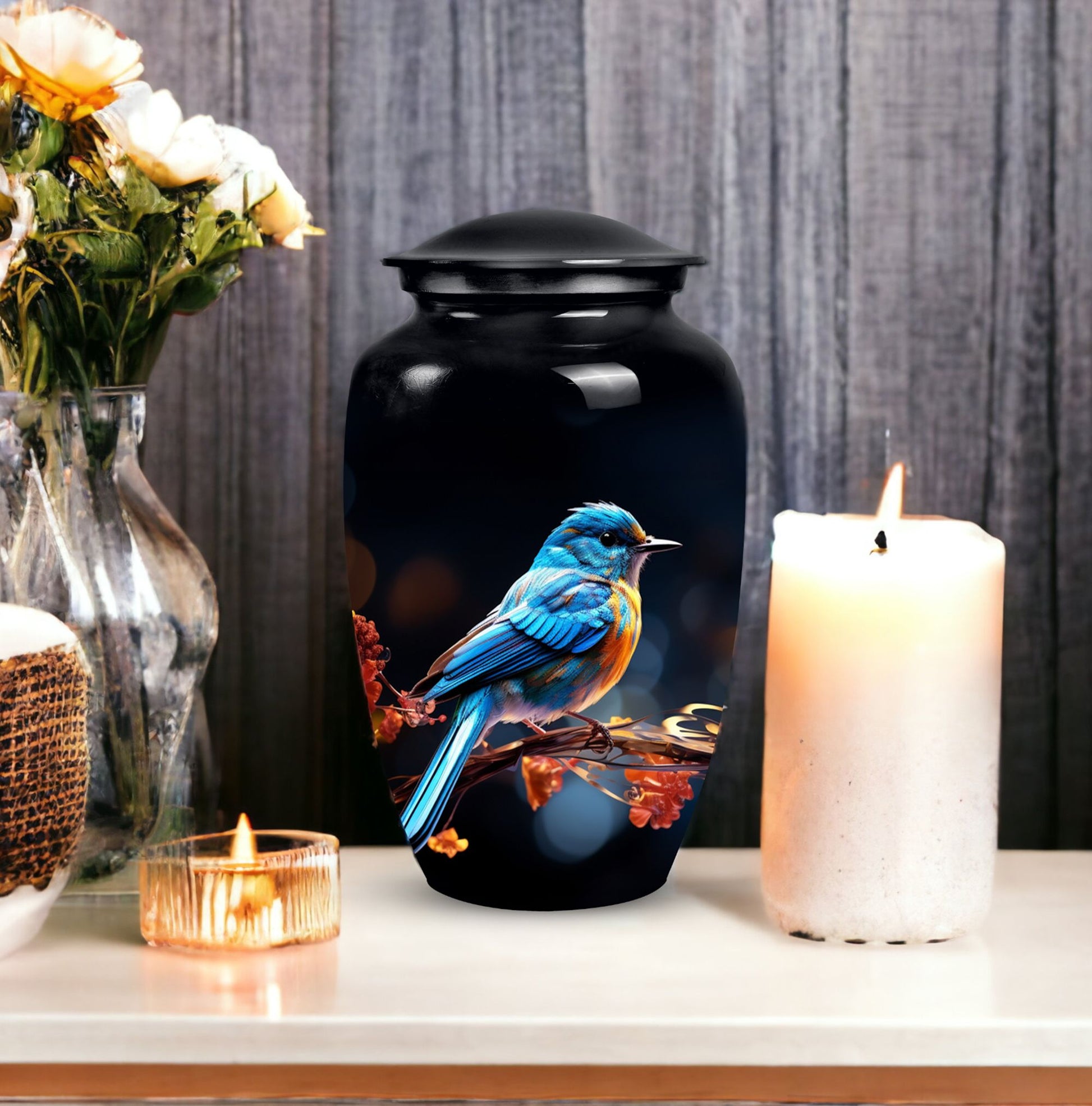 Unique Sparrow metal cremation urn, medium-sized, suitable for burial in ground and is portable for human ashes