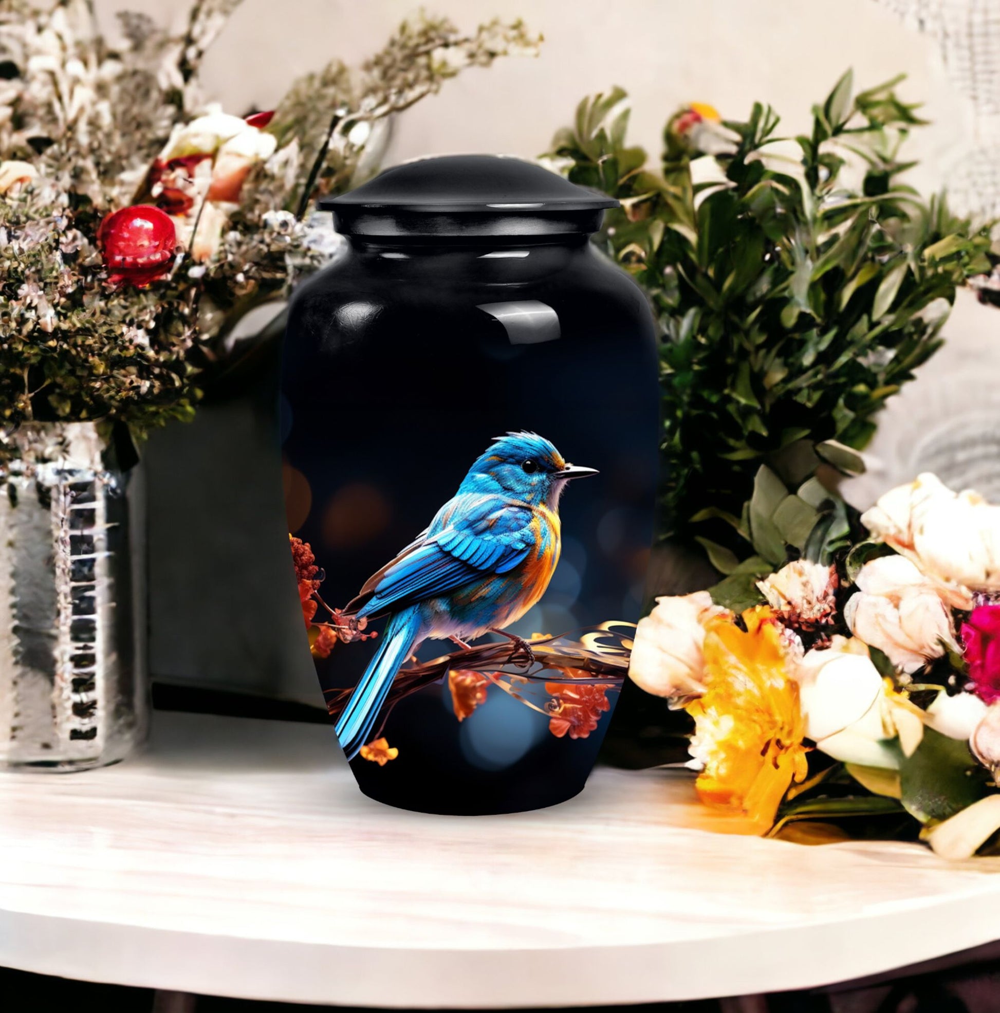 Unique Sparrow metal cremation urn, medium-sized, suitable for burial in ground and is portable for human ashes