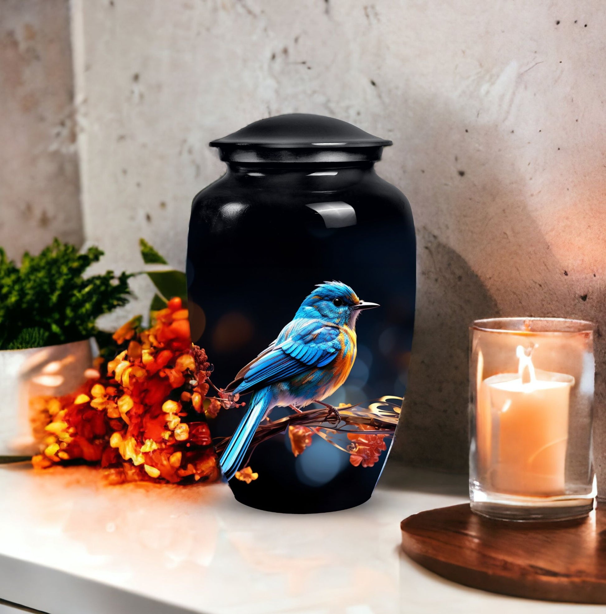 Unique Sparrow metal cremation urn, medium-sized, suitable for burial in ground and is portable for human ashes