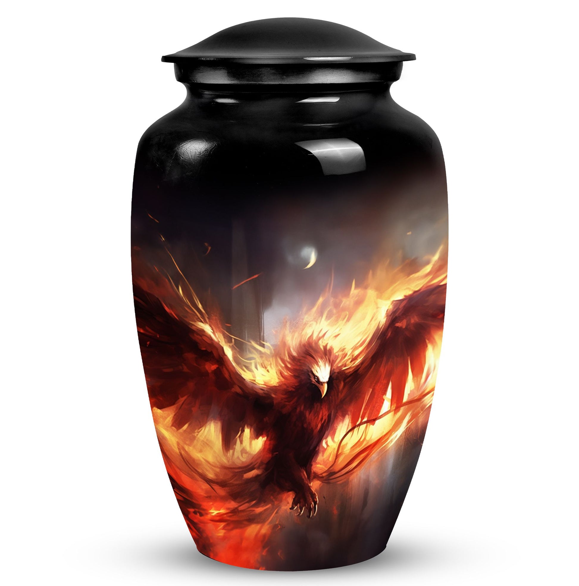 Unique Phoenix design medium metal cremation urn, portable for burial in ground