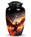 Unique Phoenix design medium metal cremation urn, portable for burial in ground