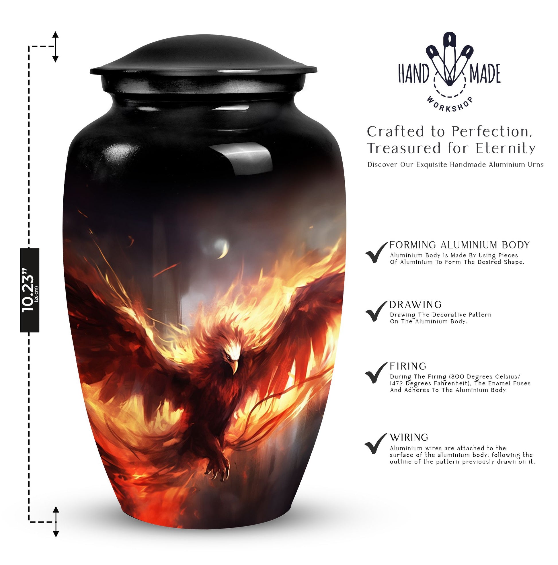 Unique Phoenix design medium metal cremation urn, portable for burial in ground