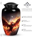 Unique Phoenix design medium metal cremation urn, portable for burial in ground