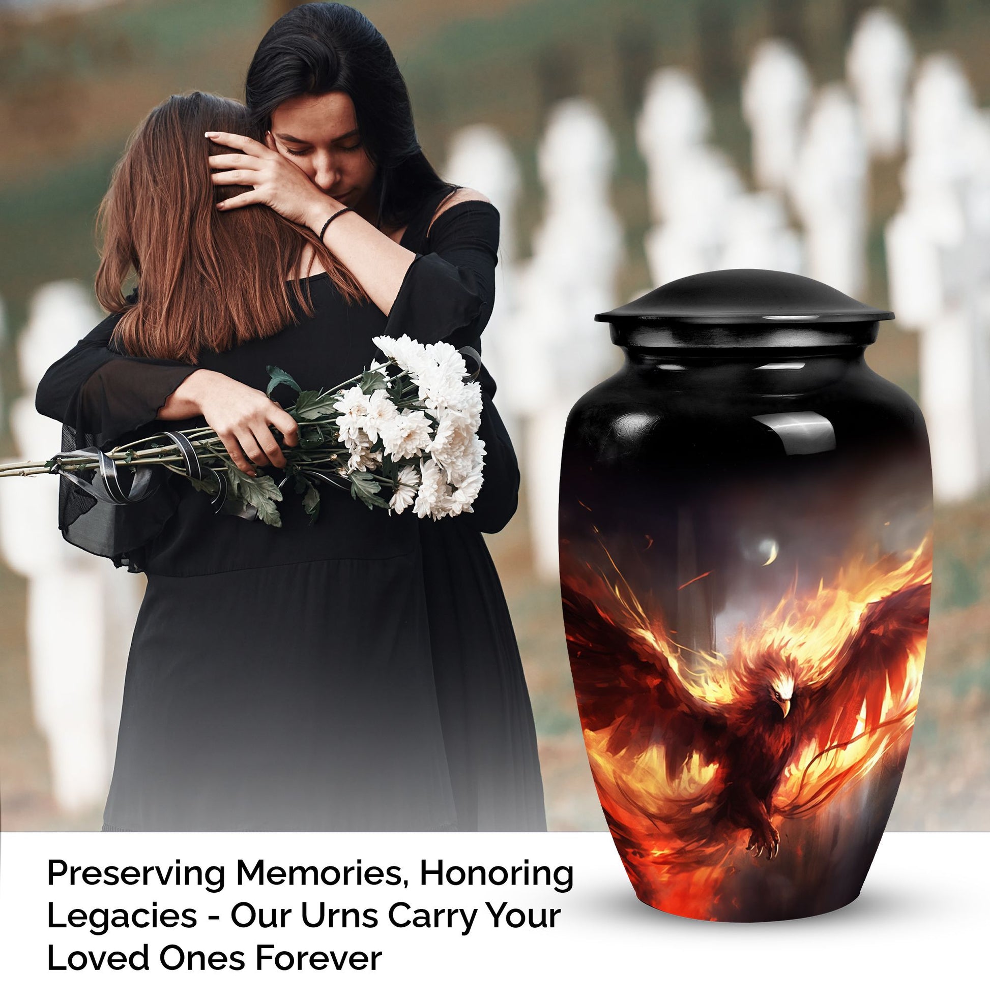 Unique Phoenix design medium metal cremation urn, portable for burial in ground