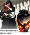 Unique Phoenix design medium metal cremation urn, portable for burial in ground