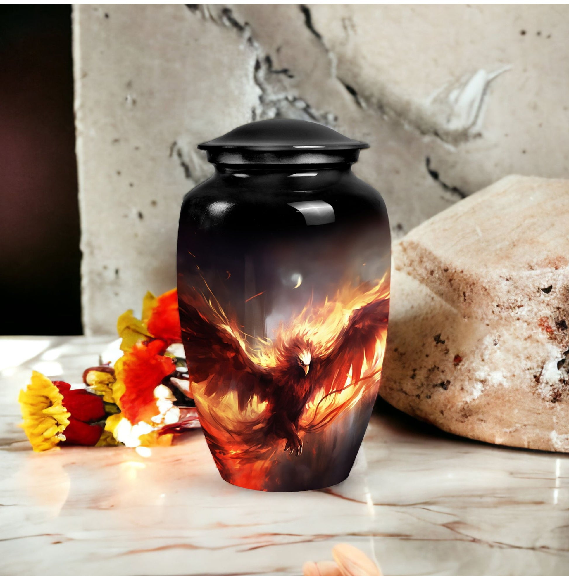 Unique Phoenix design medium metal cremation urn, portable for burial in ground