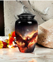 Unique Phoenix design medium metal cremation urn, portable for burial in ground