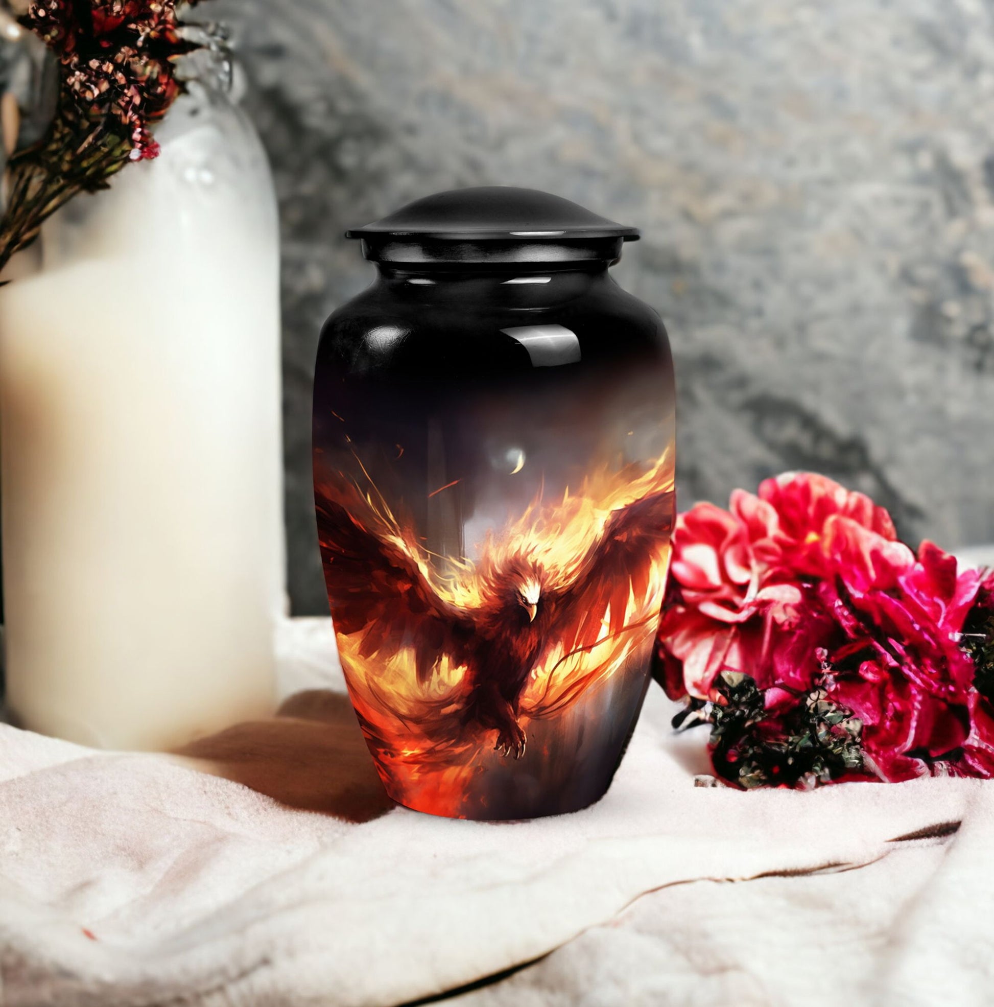 Unique Phoenix design medium metal cremation urn, portable for burial in ground