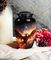 Unique Phoenix design medium metal cremation urn, portable for burial in ground