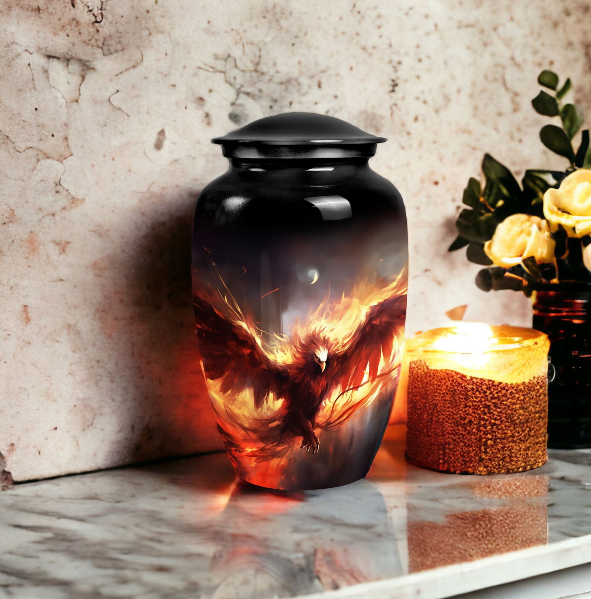 Unique Phoenix design medium metal cremation urn, portable for burial in ground