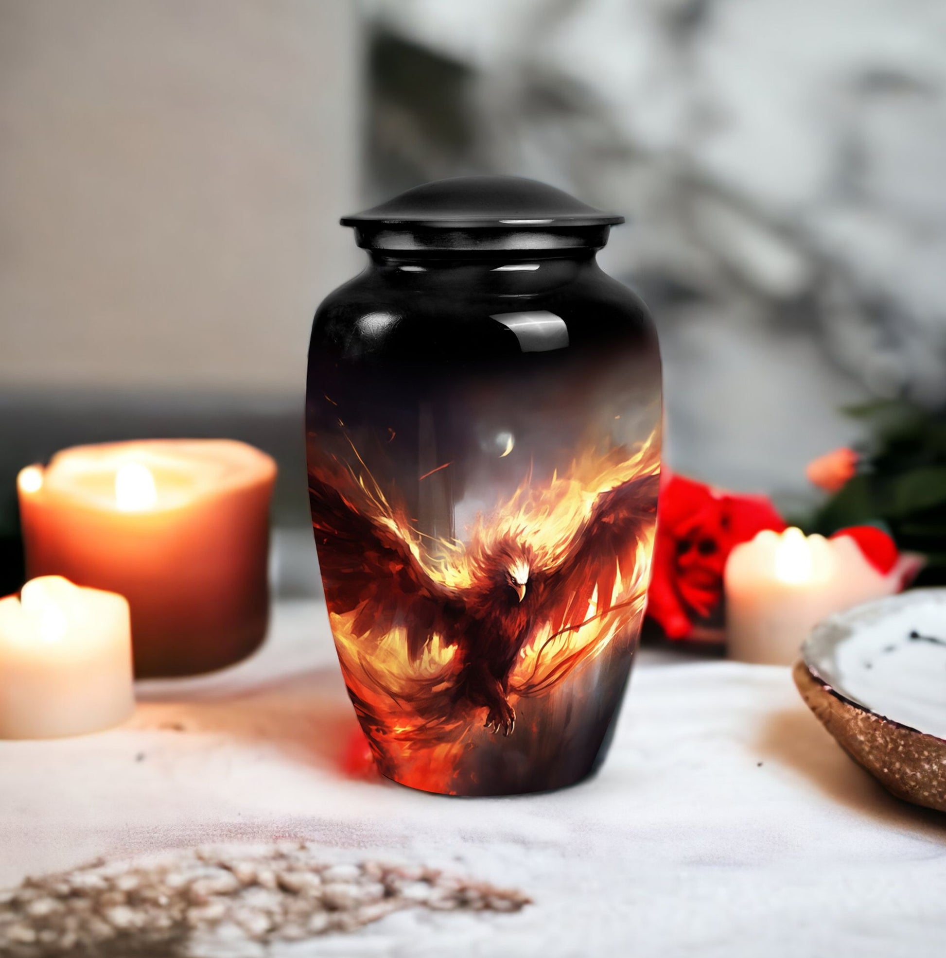 Unique Phoenix design medium metal cremation urn, portable for burial in ground