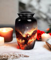 Unique Phoenix design medium metal cremation urn, portable for burial in ground