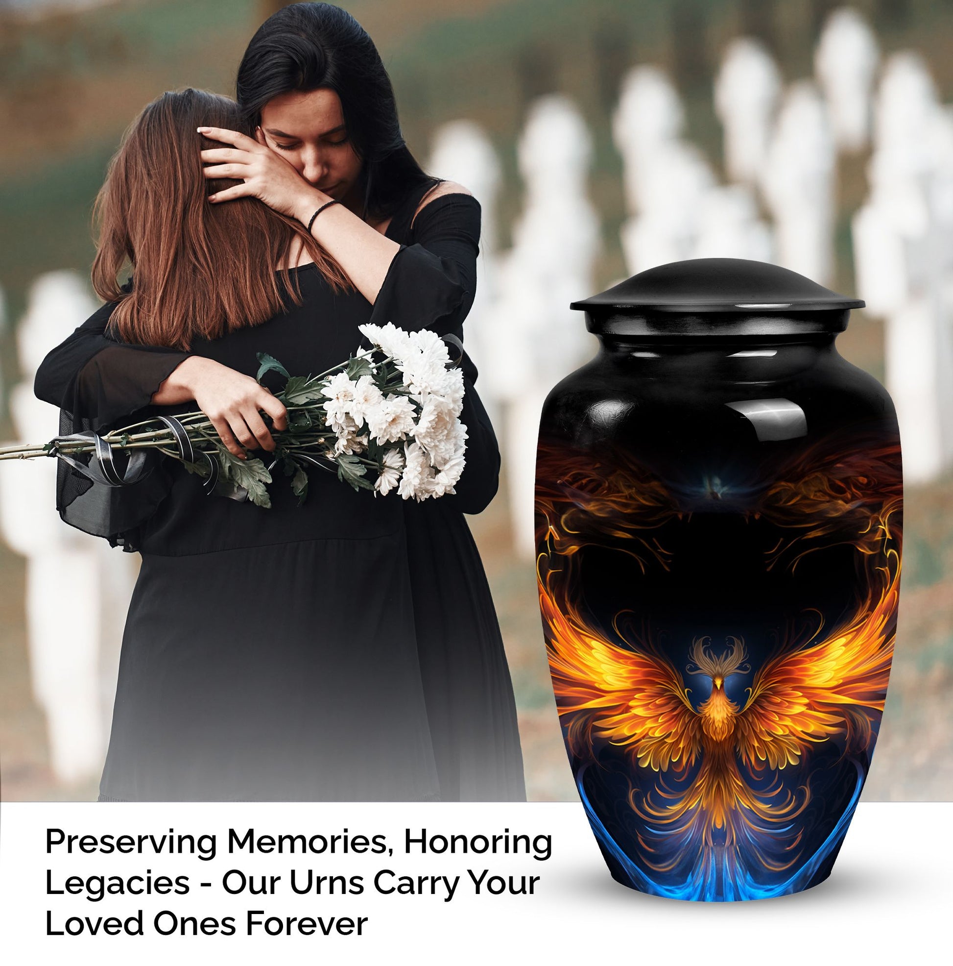 Large Phoenix metal urn for men's cremation ashes