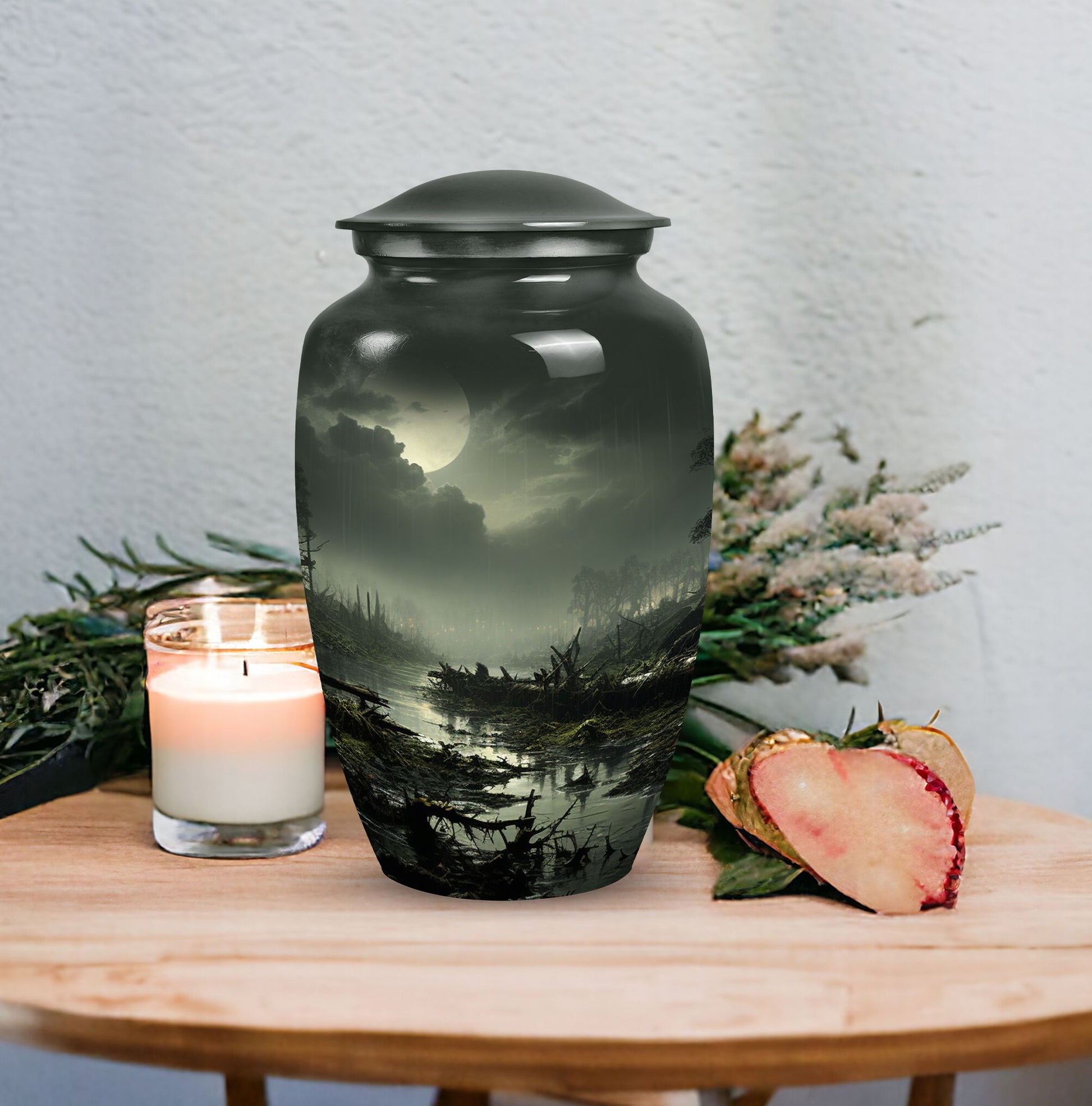 Large green Moonlit urn for cremation ashes of an adult, ideal for burial or companion use