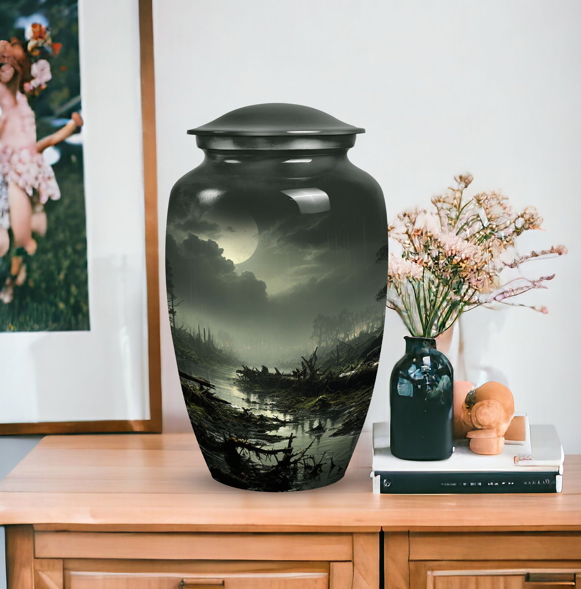 Large green Moonlit urn for cremation ashes of an adult, ideal for burial or companion use