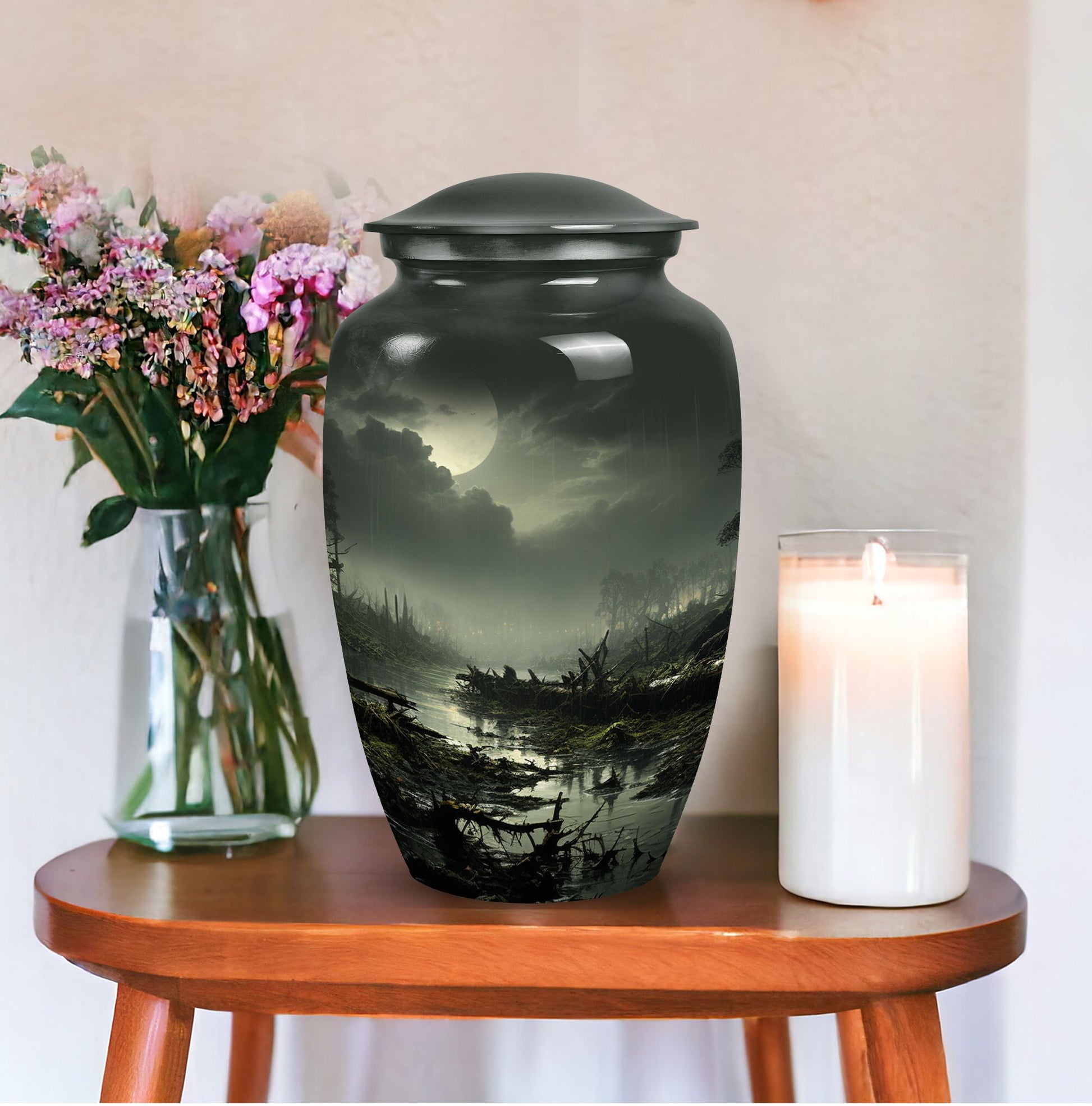 Large green Moonlit urn for cremation ashes of an adult, ideal for burial or companion use