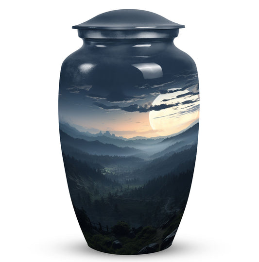 Large, decorative black Mountains Urn for men's cremation, suitable for adult female burial as well