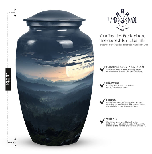 Large, decorative black Mountains Urn for men's cremation, suitable for adult female burial as well