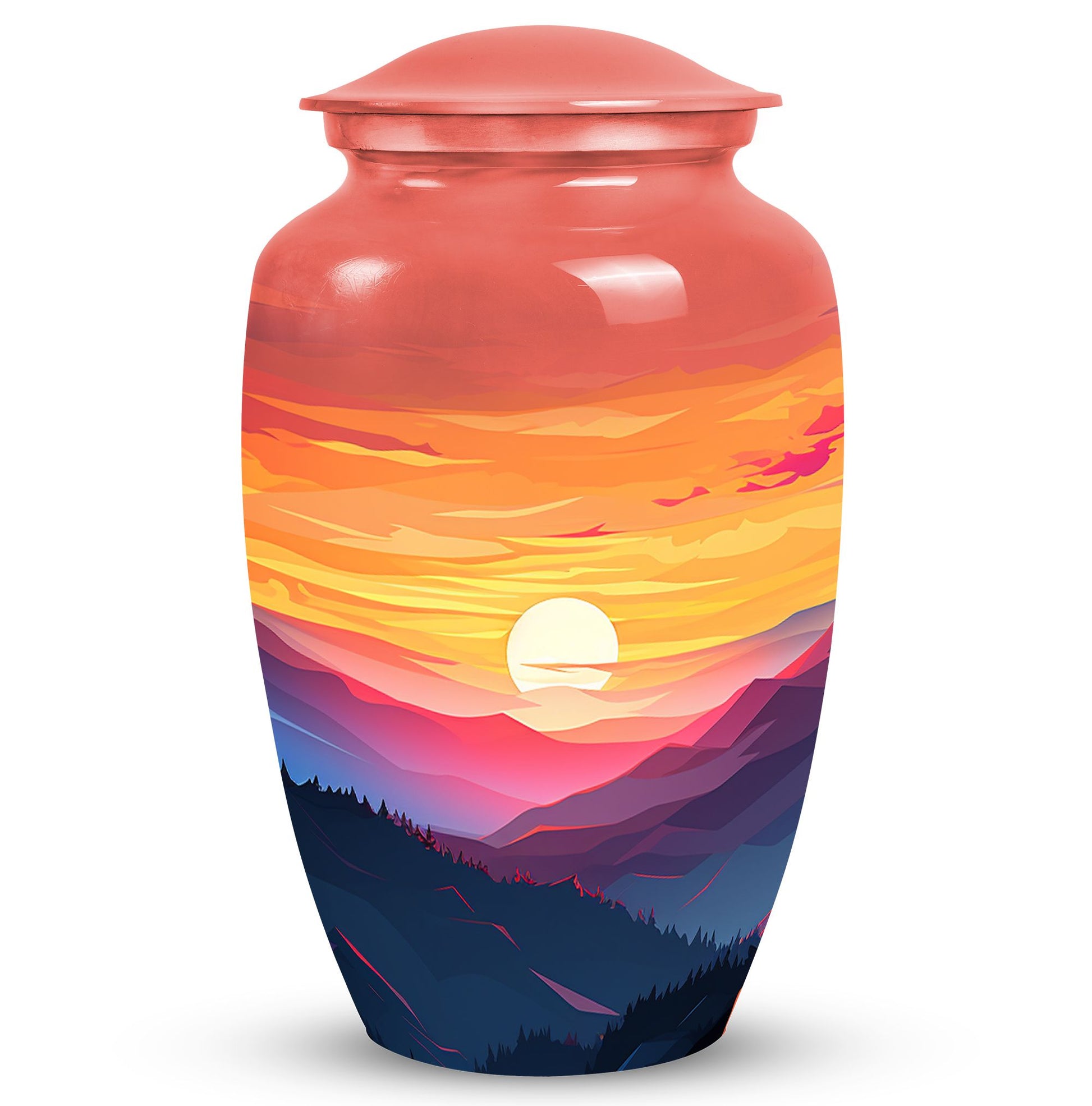 Mountains designed cremation urn for storing precious human ashes, suitable for both adult males and females. Large, memorial funeral urn.