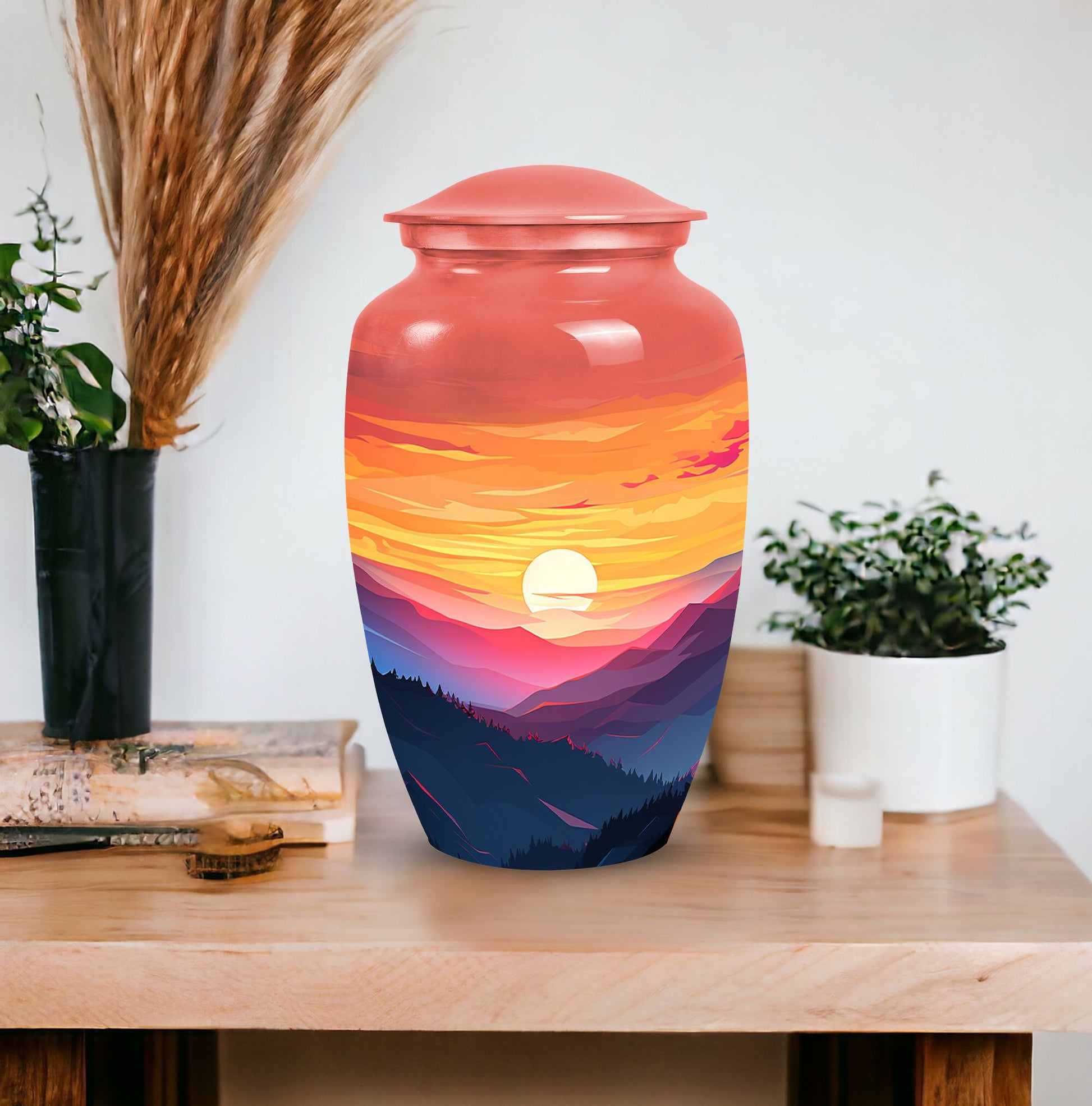 Mountains designed cremation urn for storing precious human ashes, suitable for both adult males and females. Large, memorial funeral urn.