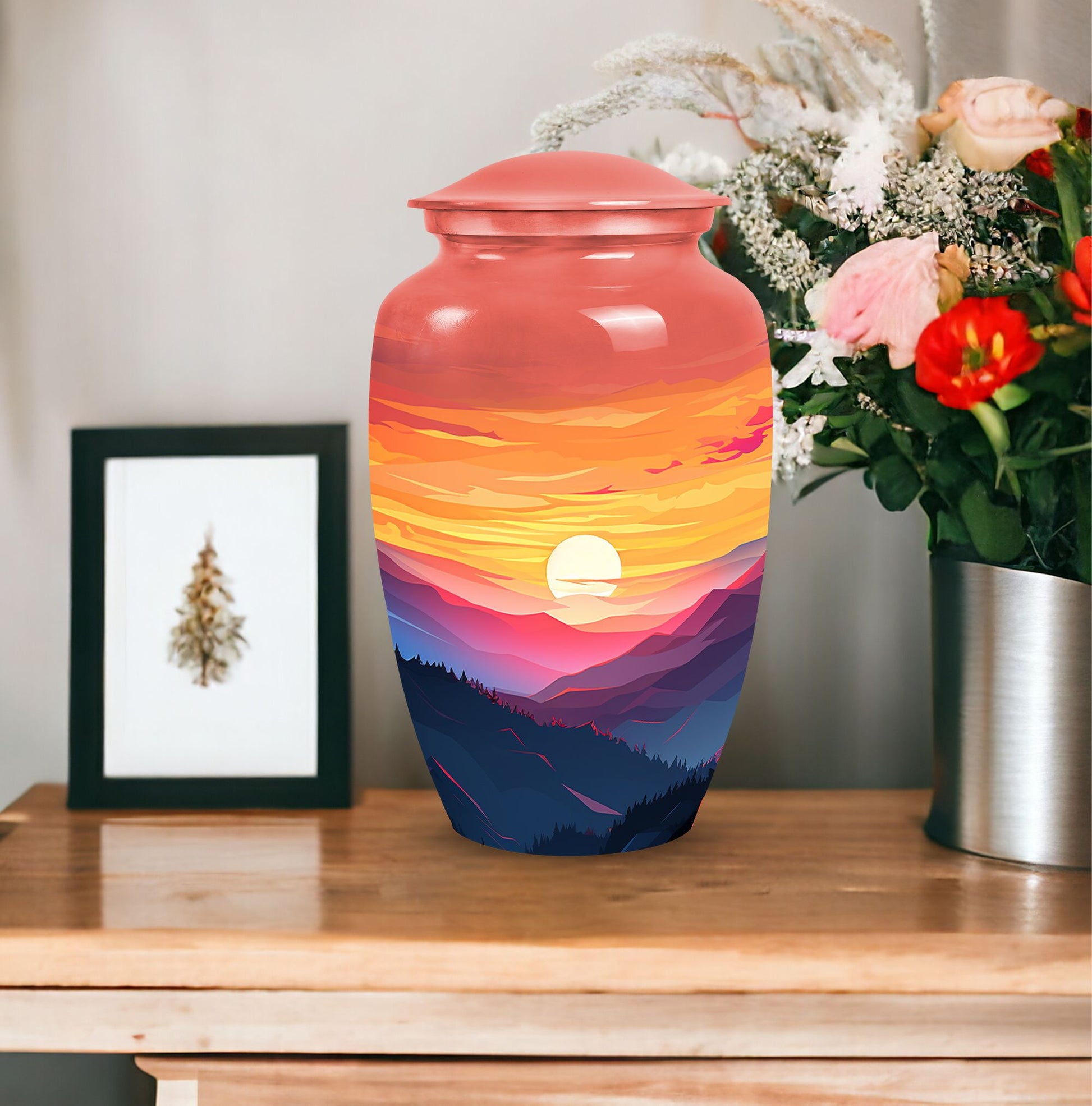 Mountains designed cremation urn for storing precious human ashes, suitable for both adult males and females. Large, memorial funeral urn.