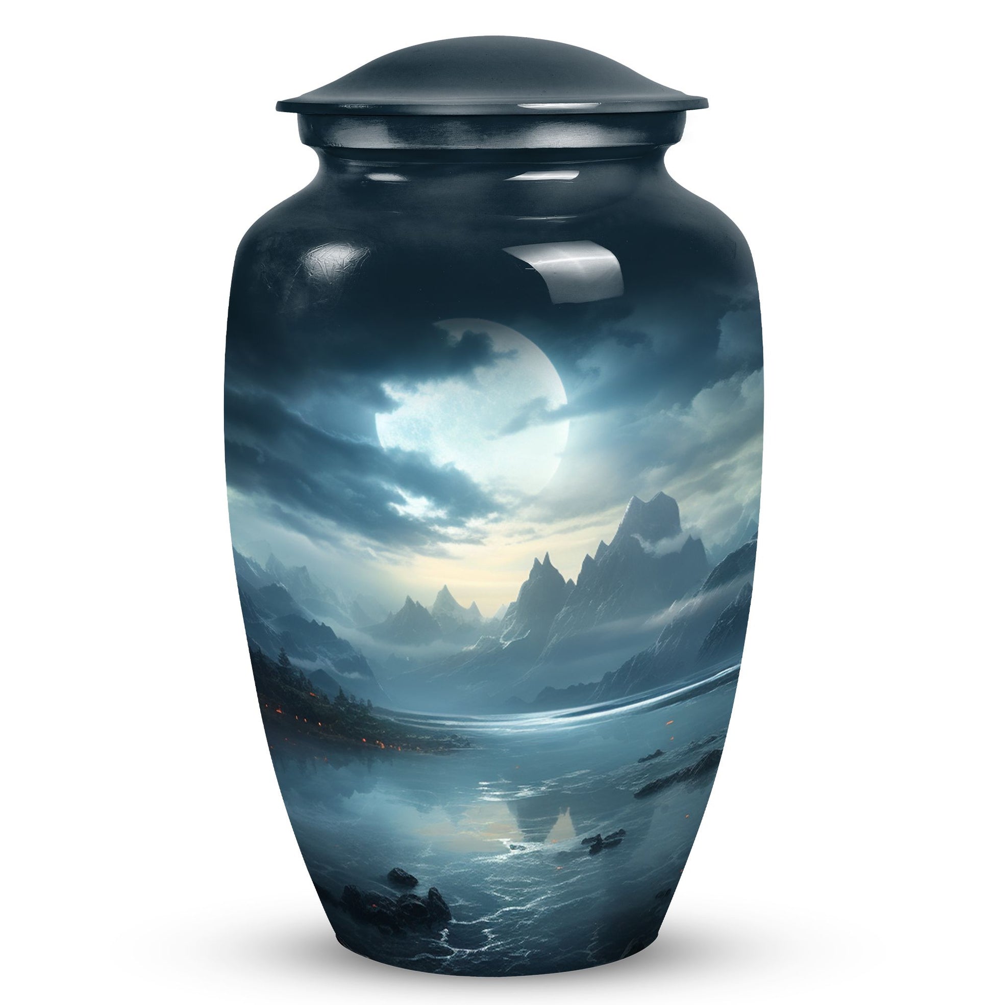 Moonlit urn for adult man's ashes, large metal funeral memorial urn