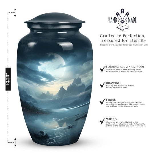 Moonlit urn for adult man's ashes, large metal funeral memorial urn