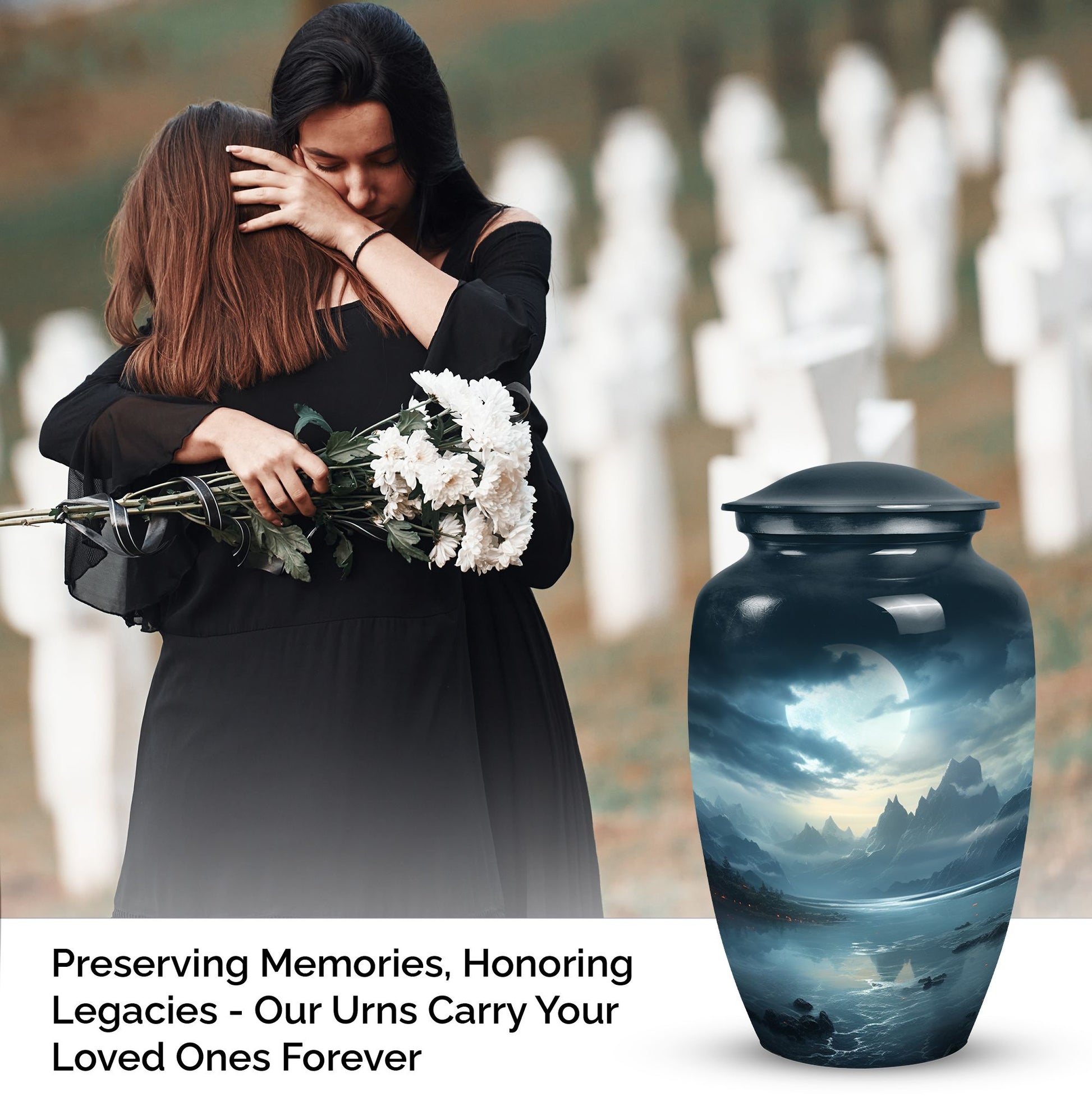 Moonlit urn for adult man's ashes, large metal funeral memorial urn