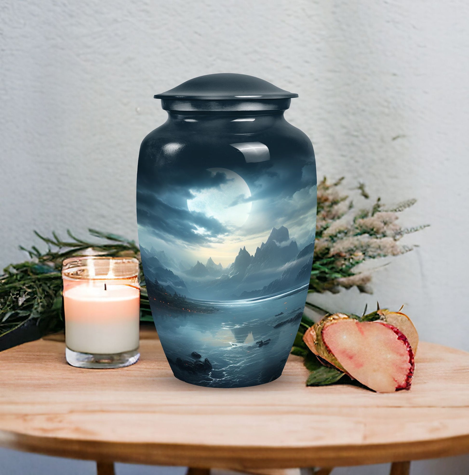 Moonlit urn for adult man's ashes, large metal funeral memorial urn