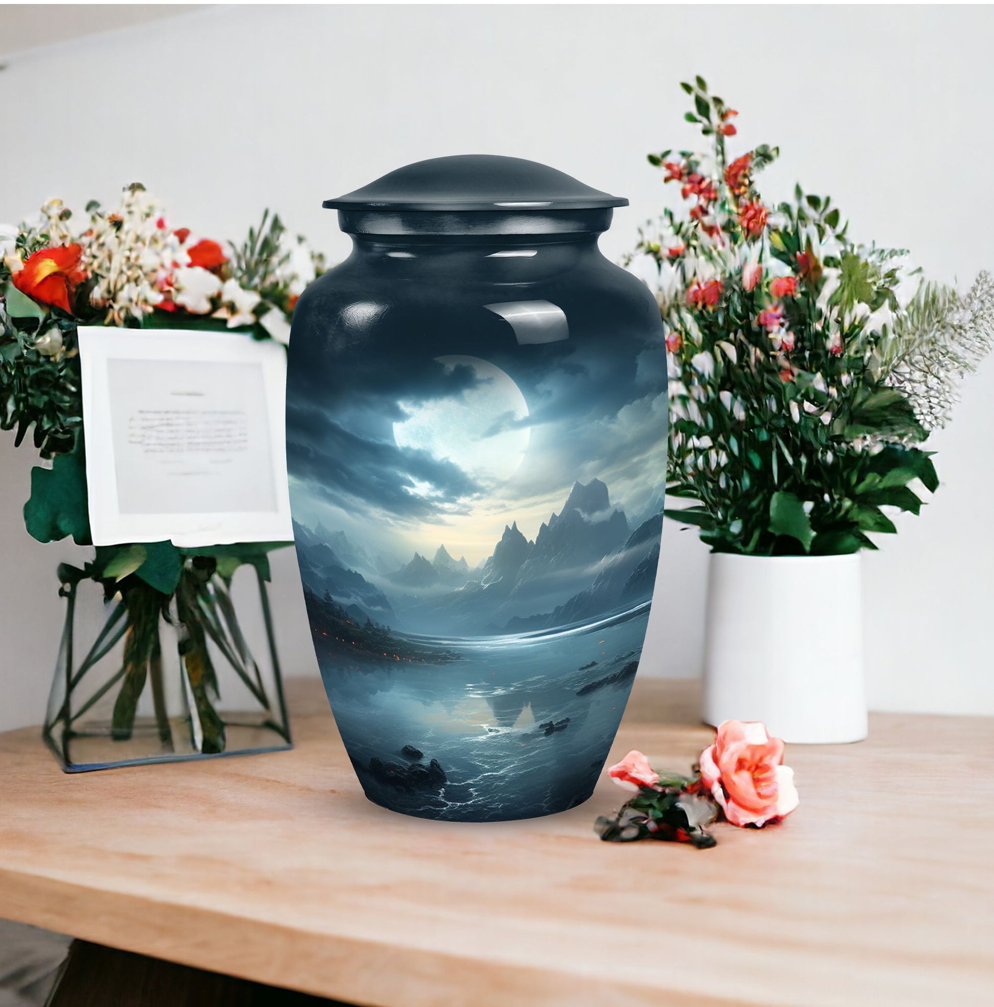 Moonlit urn for adult man's ashes, large metal funeral memorial urn