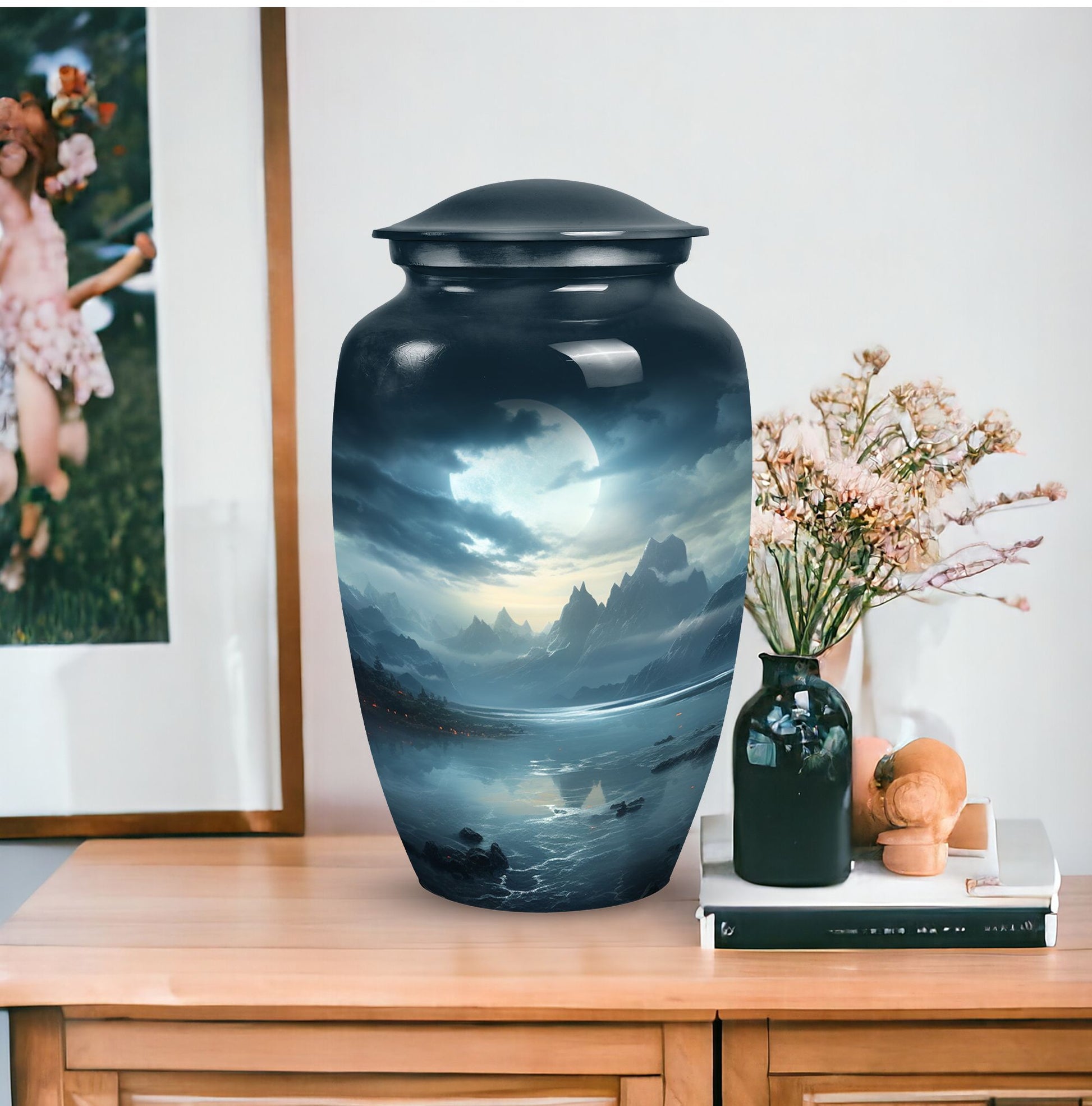 Moonlit urn for adult man's ashes, large metal funeral memorial urn